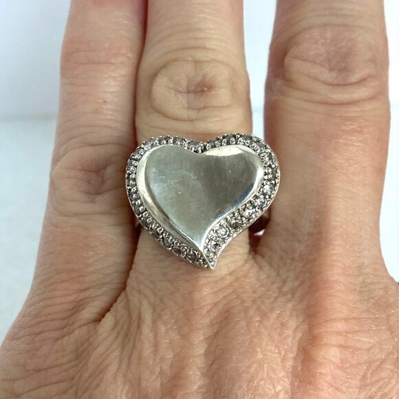 Sterling Silver 925 Cubic Zirconia Polished Modernist Asymmetric Heart Ring 6.75 - Picture 1 of 16